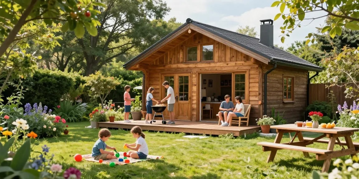 Garten Haus mit Familie im Garten während eines Picknicks, umgeben von blühenden Pflanzen.