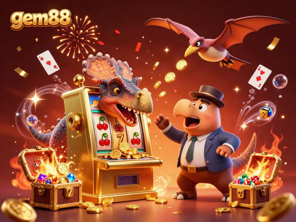 A vibrant illustration of gem88 featuring dinosaurs engaging with casino elements, capturing an exciting jackpot moment.