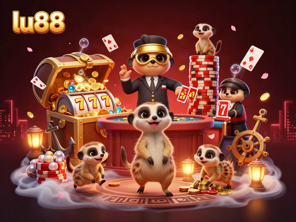 Exciting lu88 gaming scene with meerkats in a vibrant casino operation, showcasing slot reels and dynamic colors.