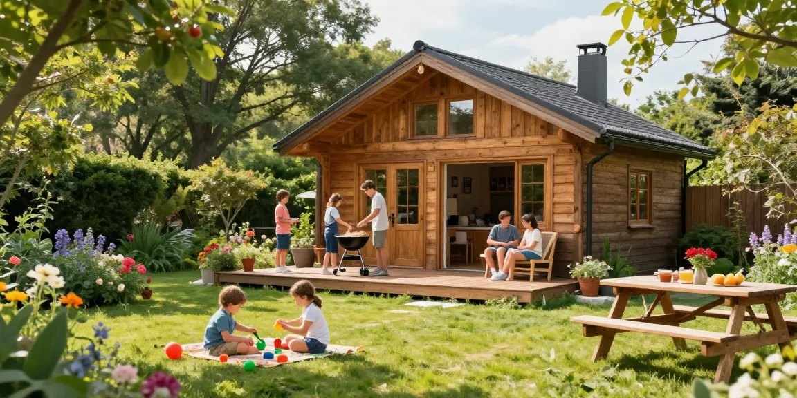 Garten Haus mit Familie im Garten während eines Picknicks, umgeben von blühenden Pflanzen.