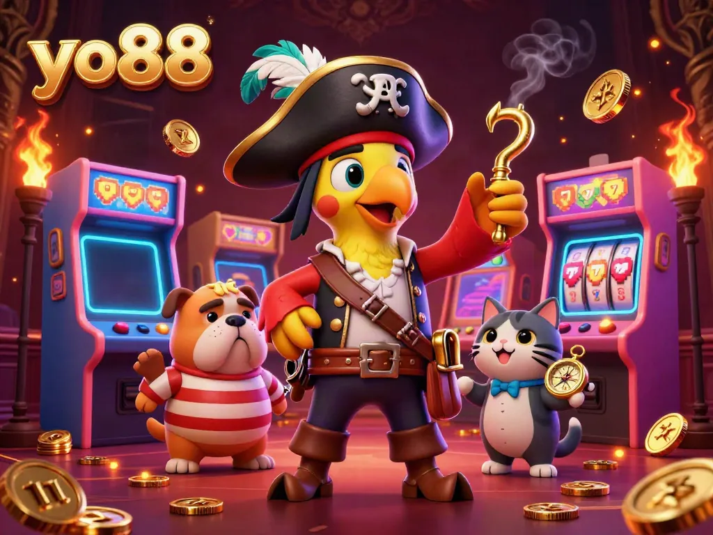 Engage in thrilling casino adventures at yo88 with a pirate-themed gaming atmosphere filled with colorful slot machines and vibrant characters.