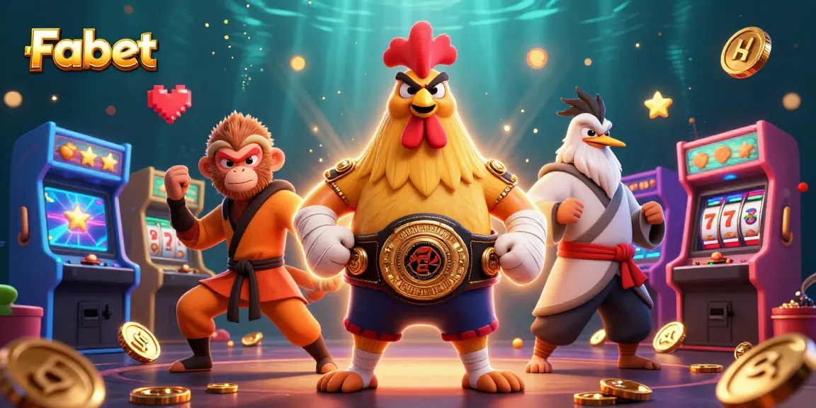 Engage with Fabet's vibrant casino scene featuring a Muay Thai rooster and arcade elements.