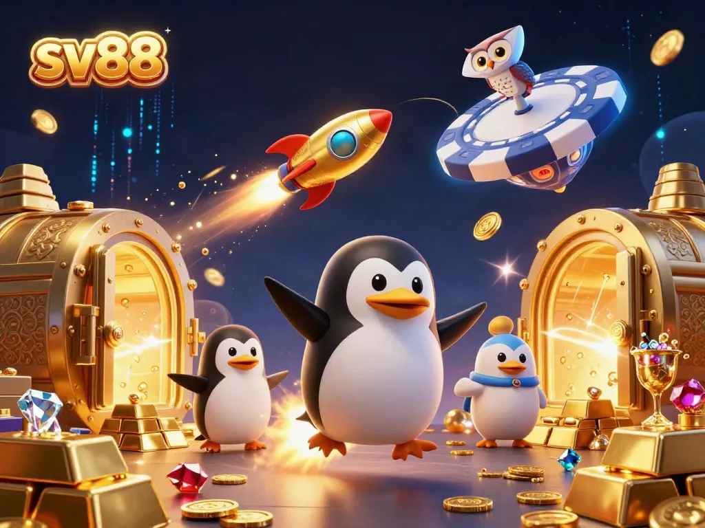 Experience thrilling wins at sv88 with a golden penguin soaring past a vibrant casino space station.