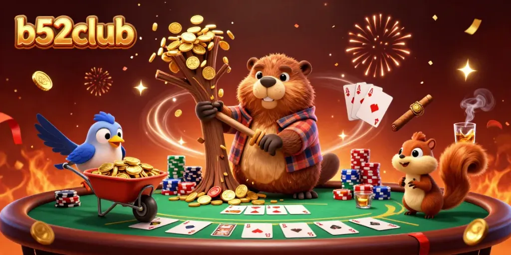 Engage with b52club's excitement through a colorful casino scene with 3D whimsical characters.