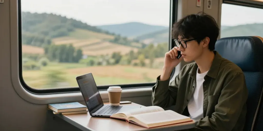 Studierende mit Zugtickets für Studenten, die am Fenster lernen und die Landschaft betrachten.