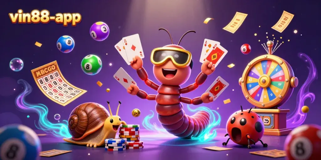 Spin and win on vin88-app with the vibrant casino scene featuring unique characters and exciting game elements.