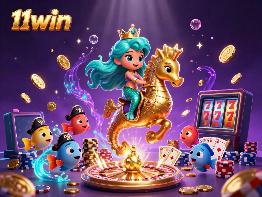 Experience the vibrant world of 11win as the mermaid princess and seahorse showcase thrilling casino elements.