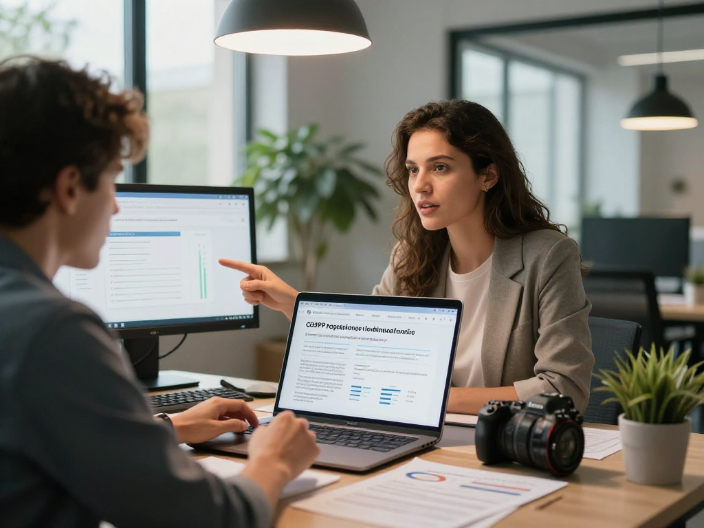 Wissen / Blog-Hub focused on GDPR compliance strategies in a professional office setting.