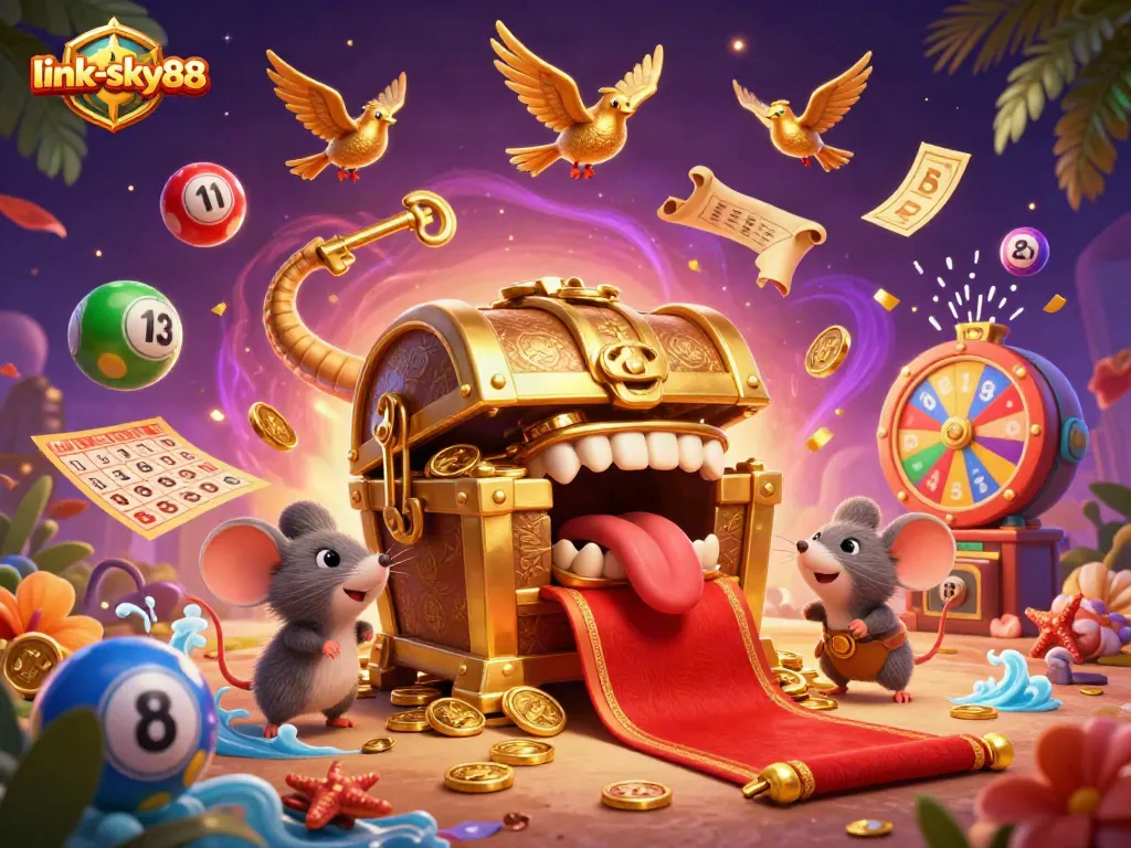 Experience thrilling gaming action at link-sky88 with colorful lottery balls and an enticing treasure chest.