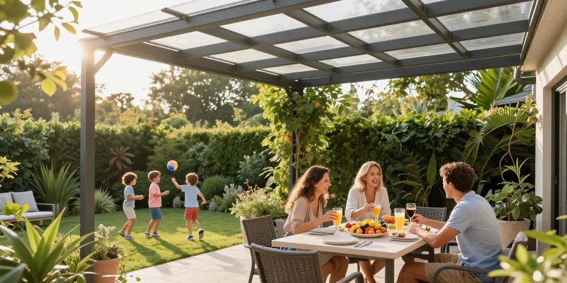 Moderne Terrassenüberdachung in einem Garten mit Familie, die im Freien speist und spielt