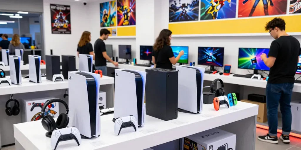 rokok88 gaming store with PlayStation, Xbox, and Nintendo consoles displayed
