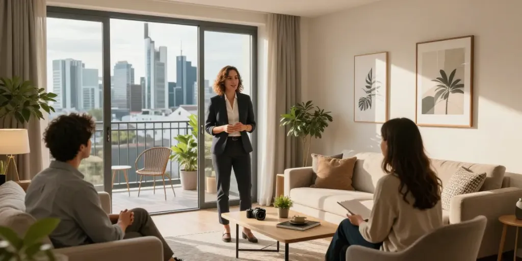 Bester Immobilienmakler Frankfurt zeigt stilvolles Apartment mit Skyline-Blick.
