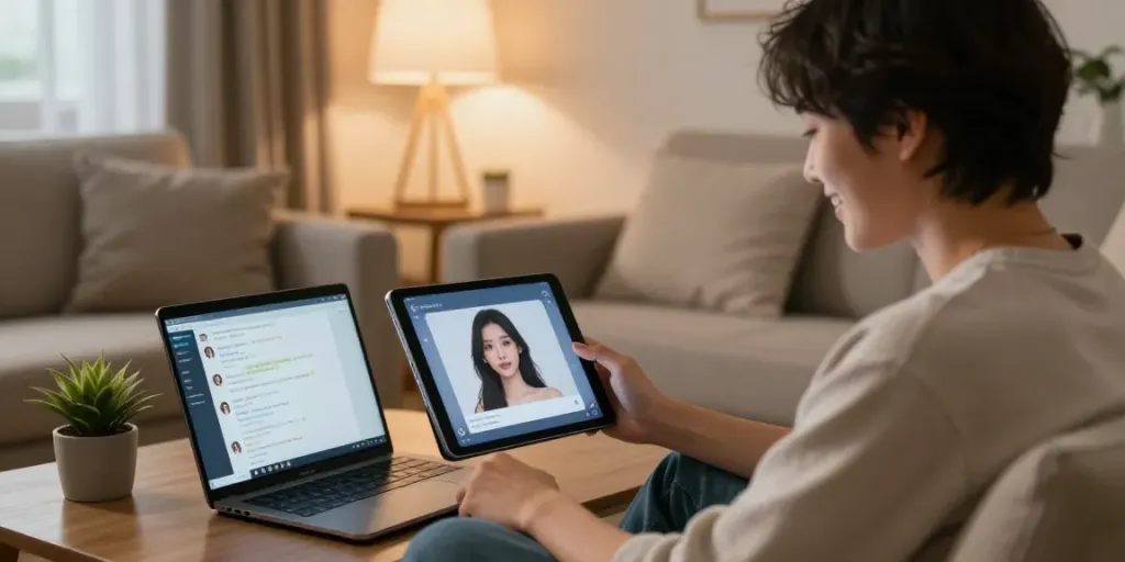 Engaging in free AI sex chat with a lifelike character on a cozy digital interface.
