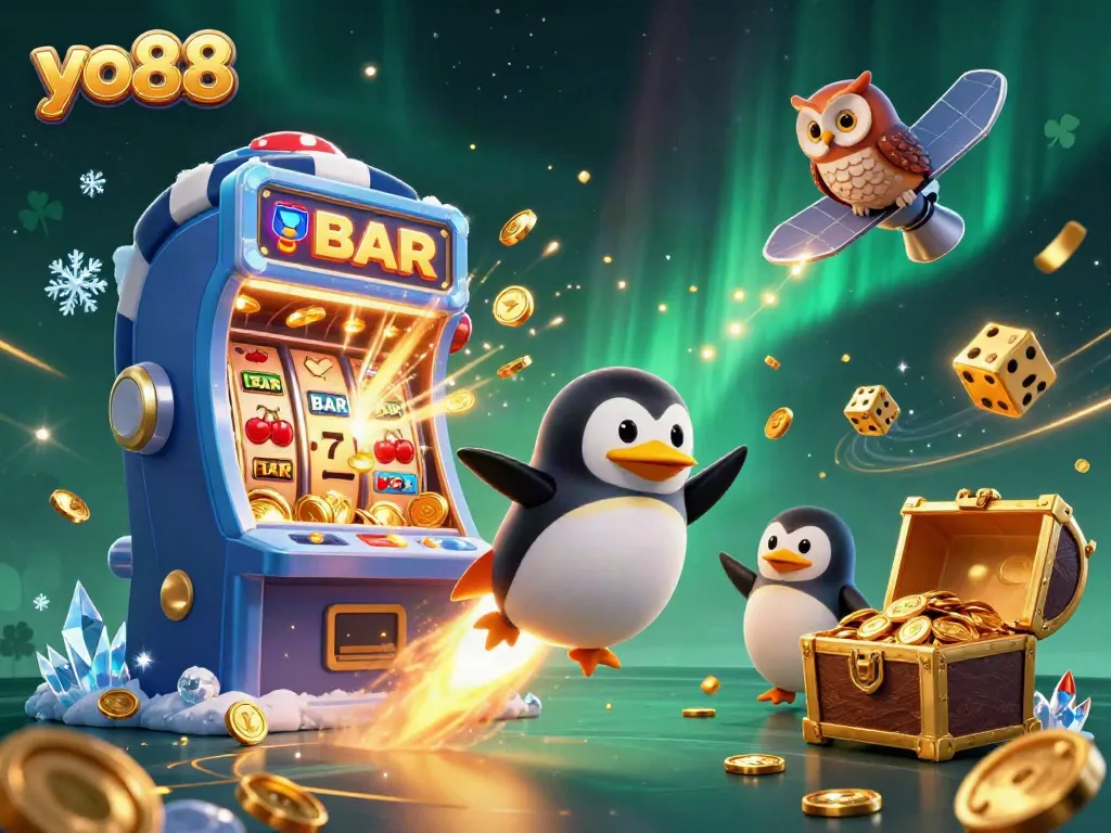 Experience the excitement of yo88 with a golden penguin and dynamic gambling elements in space.