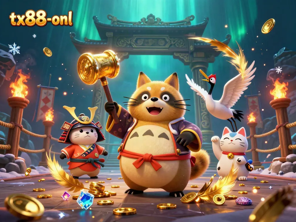 Experience excitement at tx88-onl with vibrant 3D illustration of a cheerful tanuki and lucky symbols in a casino.