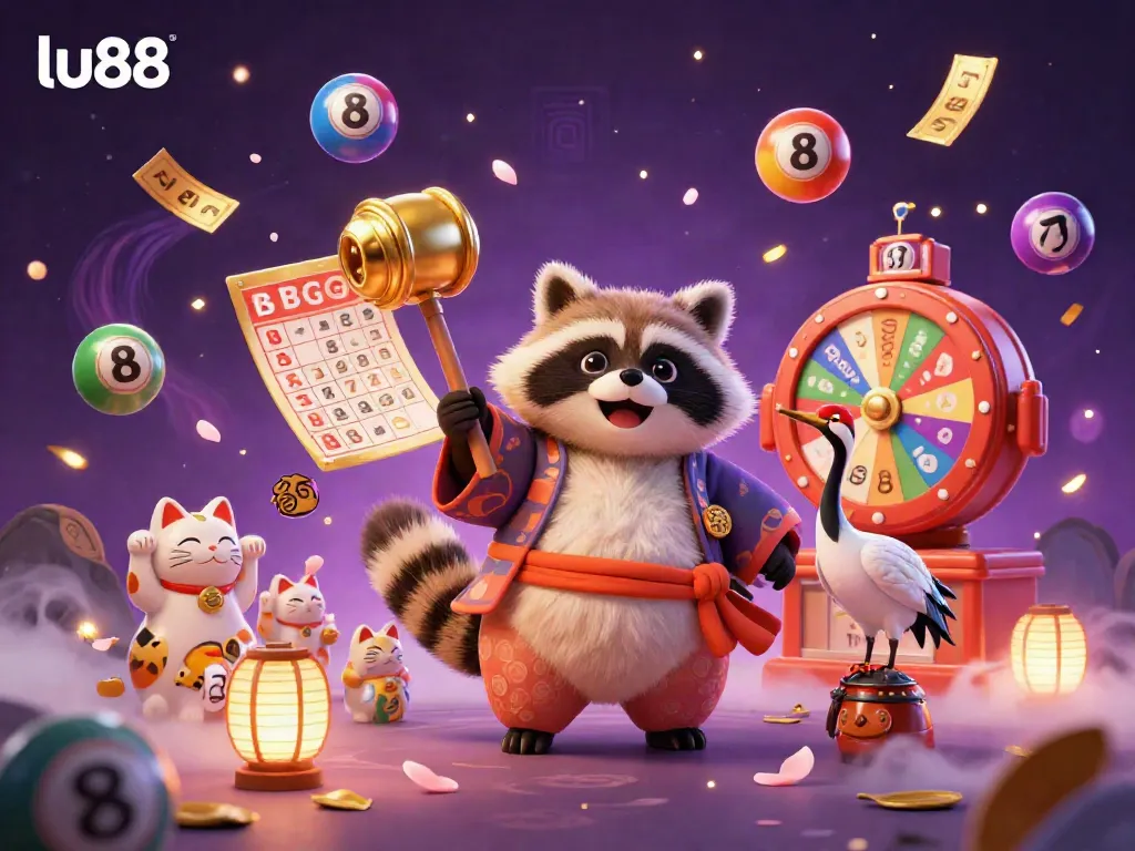 Experience the vibrant world of lu88 with a cheerful tanuki and colorful elements in a dynamic lottery scene.