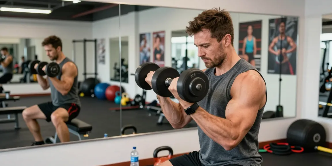 Energiegeladene Fitnessszene im Steroidshop mit Bodybuilder beim Bizepscurls.