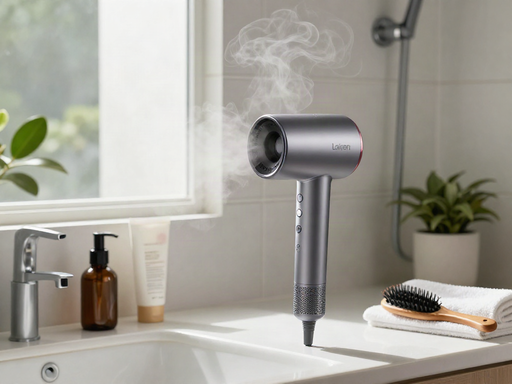 Der Laifen Air Pro Haartrockner in einem modernen Badezimmer, leise und stark für perfekte Schnell-Trocknung.