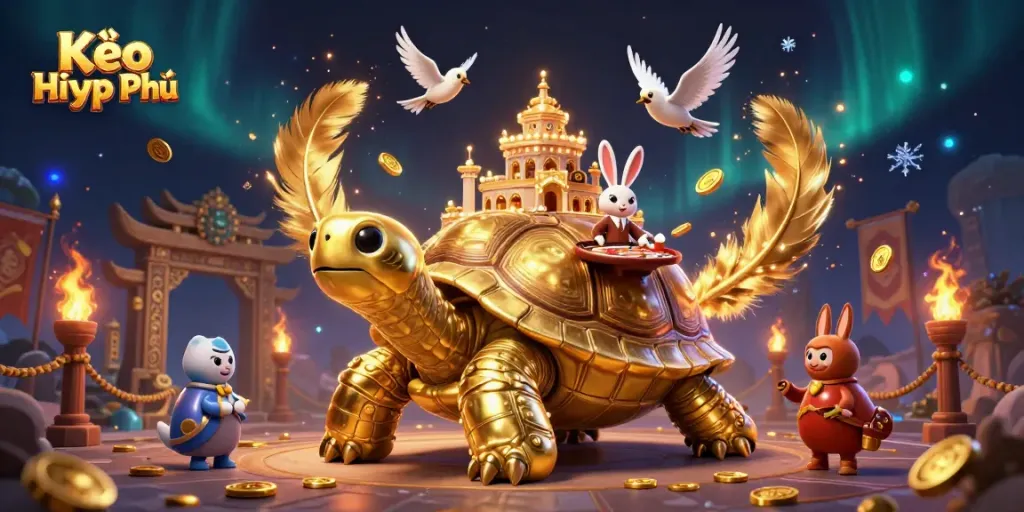 Kèo Hiệp Phụ strategy visual with a golden tortoise, rabbit dealer, and flying coins, showcasing casino elements.