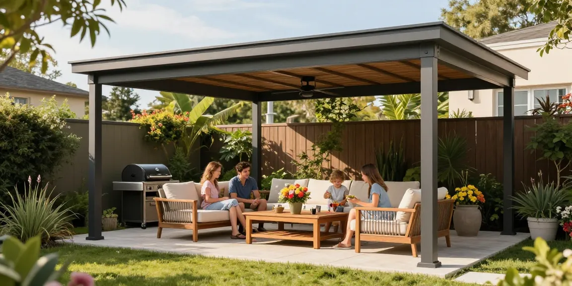 Moderne freistehende Terrassenüberdachung im Garten, Familie genießt sonnigen Tag.
