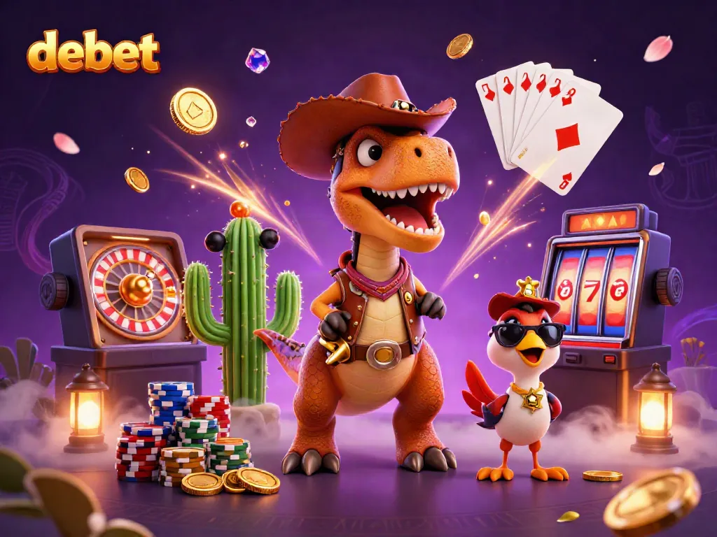 Join the exhilarating adventure at debet with this vibrant illustration showcasing a cowboy dinosaur and friends amidst golden gambling elements.