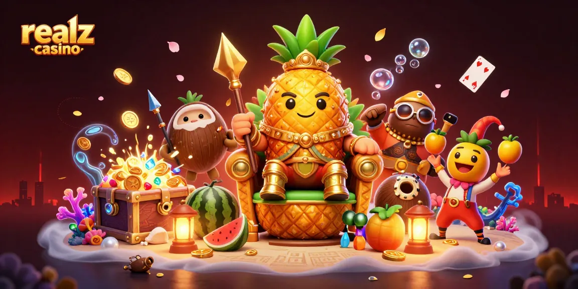 Experience the excitement of realz casino with a vibrant 3D scene showcasing a pineapple king and thrilling game elements.