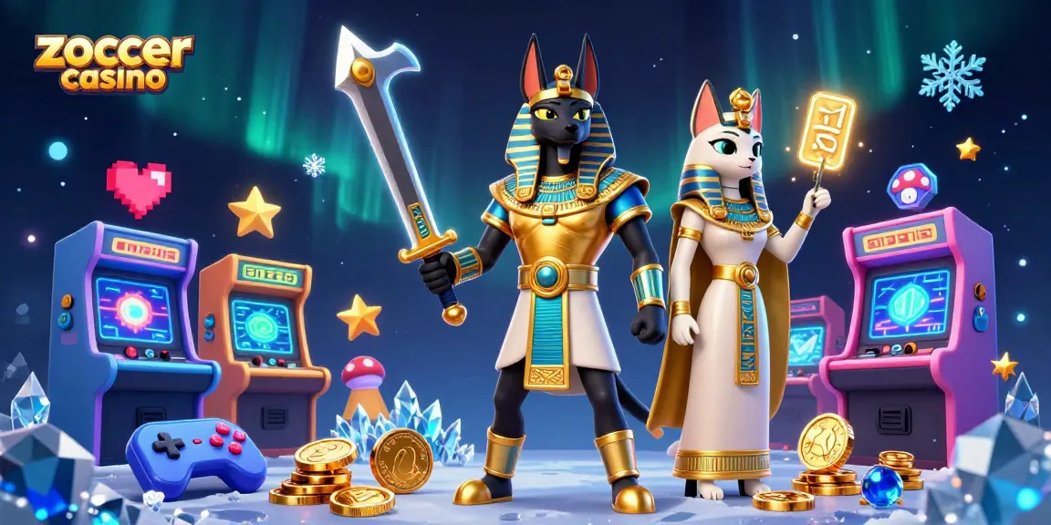 Experience the magic of Zoccer Casino with Anubis and Bastet amidst vibrant gaming elements.