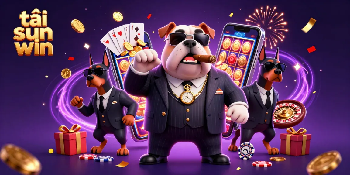 Spin and win with tải sun win in a vibrant casino-themed illustration featuring a mafia bulldog and Dobermans.